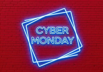 Obraz premium Blue neon Cyber Monday sign glowing on a red brick wall background image photo