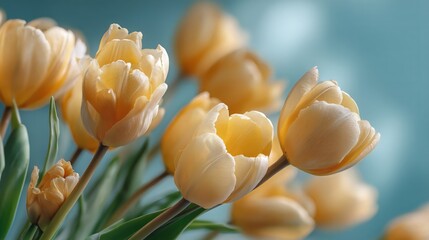 Elegant Yellow Tulips Blooming Against a Soft Aqua Background
