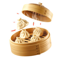 Steamed Dumplings in Bamboo Basket with Flying Chili Slices Isolated on Transparent Background
