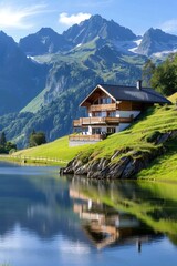 Obraz premium Wooden house reflecting in an alpine lake with majestic mountains in the background