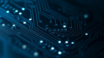 Close-up of a blue circuit board with glowing lights and intricate patterns, highlighting the detailed pathways and luminous connections of modern digital technology.