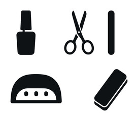 Nail care tools: polish, scissors, file, dryer, buffer