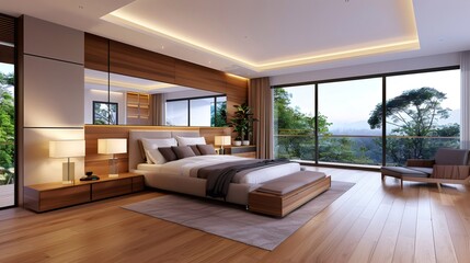 Fototapeta premium Modern bedroom overlooking a green landscape with wooden furniture