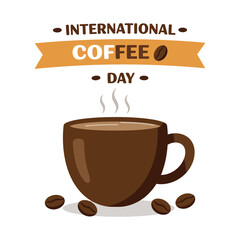 International Coffee Day illustration with a steaming cup of coffee and coffee beans.