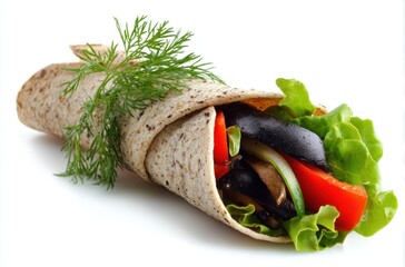 A veggie wrap filled with lettuce, grilled eggplant, tomato, and herbs, wrapped in a tan tortilla and set against a white background