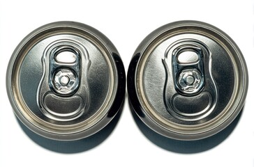 Two silver beverage cans, top view, showing ring pulls, lids, and reflective surfaces, side by side on a white background with soft shadows