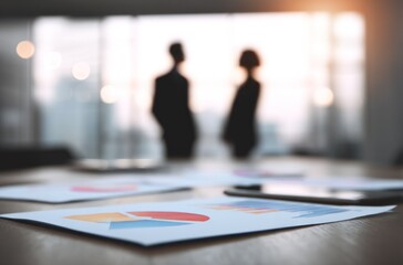 Business meeting focus on charts.
Documents with charts on a table with a blurry silhouette of two people looking out of a window