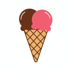 A delicious double scoop ice cream cone with chocolate and strawberry flavors in a waffle cone.