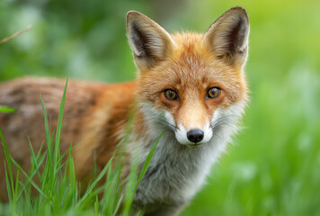 Fototapeta premium a close-up of an orange fox's face, looking directly at the camera, fox, animal