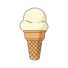 Simple cartoon illustration of a single scoop of vanilla ice cream in a waffle cone, isolated on a white background.