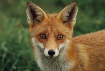 Fototapeta premium a close-up of an orange fox's face, looking directly at the camera, fox, animal