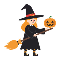A cartoon witch with orange hair, a black hat, and a pumpkin on a broom.