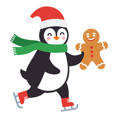 Festive penguin skating with a gingerbread man, wearing a Santa hat and green scarf.