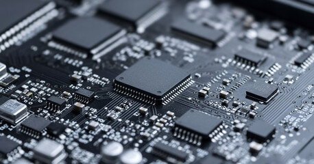 Close-up of a dark circuit board with integrated circuits and electronic components, highlighted with glowing accents and fine details that emphasize futuristic digital engineering.