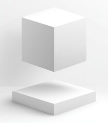 A simple composition with a white cube hovering above a white square base against a pale backdrop, offering a minimalist and geometric aesthetic