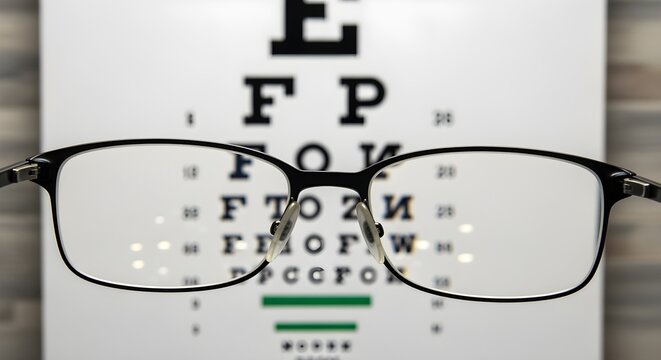 Close-up of eye exam chart with glasses placed in front.