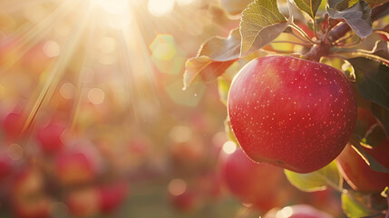 Ripe red apple on branch bathed in warm golden sunlight, harvest season beauty