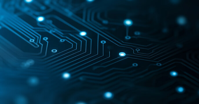 Abstract blue circuit board pattern with glowing nodes and connecting lines, forming a futuristic network design that highlights digital connectivity and elegant precision.
