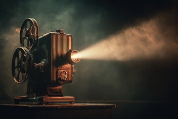 Vintage film projector emitting a bright beam in a smoky room, casting warm light on a rustic wooden surface against a dark, moody backdrop