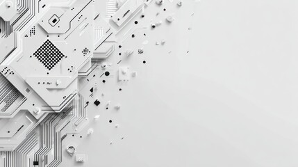 Abstract geometric composition in shades of white, depicting circuit-like forms with lines and squares, creating a high-tech and futuristic look
