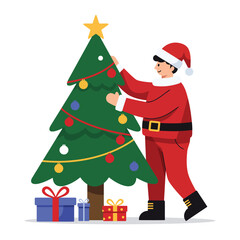 Illustration of a person in a Santa suit decorating a Christmas tree with gifts underneath.