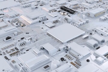 Close-up of a white electronic circuit board filled with components and intricate traces, capturing technological detail in a monochrome palette