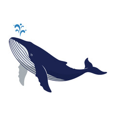 Illustration of a blue whale spouting water on a white background.