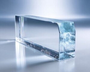 Clear rectangular block, possibly glass or crystal, catches the light. The reflective surface is on a blue to gray background