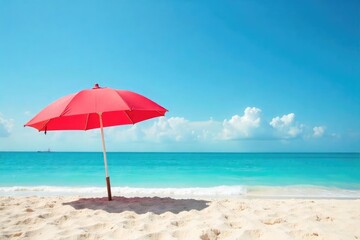 Fototapeta premium Vibrant red beach umbrella providing shade on a sunny, sandy beach Perfect for summer vacation, relaxation, and coastal imagery Ideal for travel and tourism websites , sea, warmth, blue
