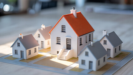 Miniature Model Houses with Red Roof and White Walls on Display