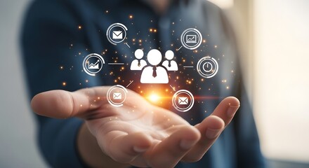 A person's hand hovers over a digital representation of interconnected business icons, symbolizing teamwork and communication.