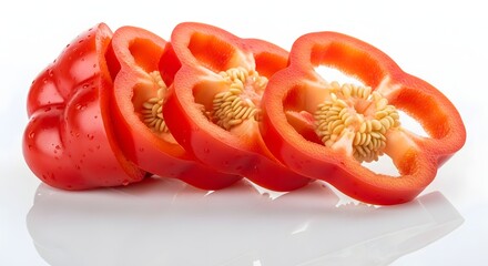 Sliced red bell pepper segments, vibrant and juicy, displayed against a stark white background.