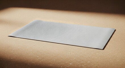 Stretching concept with unbranded mat on cork floor, featuring natural lighting, deep focus, ultrasharp textures, and crisp edges.