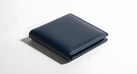 Fototapeta premium A classic navy blue leather bi-fold wallet elegantly presented on a clean white background