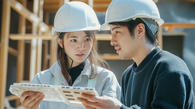 Construction Site Consultation with Material Samples / 資材サンプルを確認する建設現場での打ち合わせ