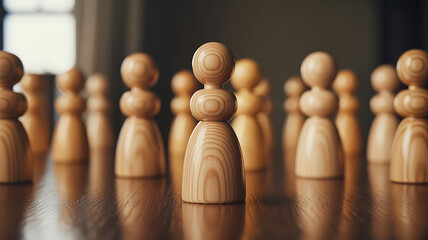 Wooden Figurines Standing on Polished Table with Focus on Single Piece