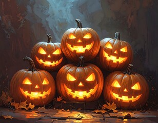 Stacked Jack-o'-lanterns in a mystical forest setting
