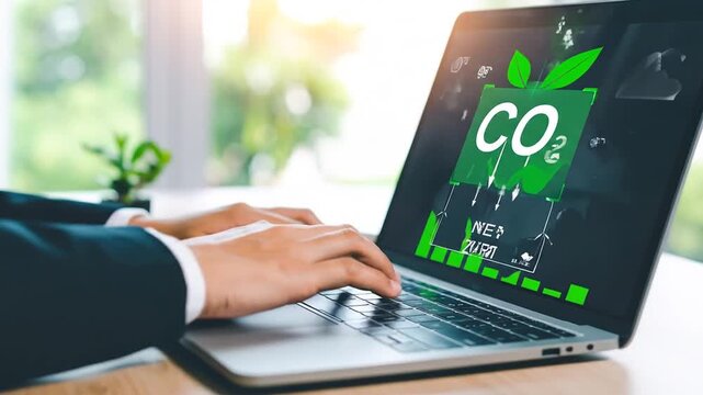 Reducing CO2 Emissions: Man Typing on Laptop with Green Energy Concept Display