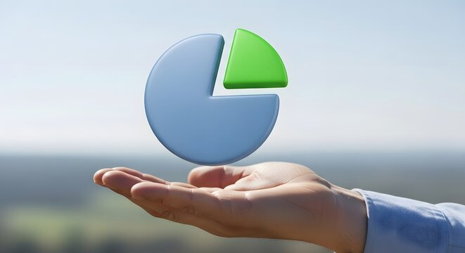 Hand holding a pie chart with one green slice, against a blurred outdoor background.