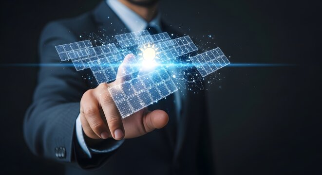 Businessman interacts with a holographic solar panel grid, symbolizing clean energy innovation and technological advancement.