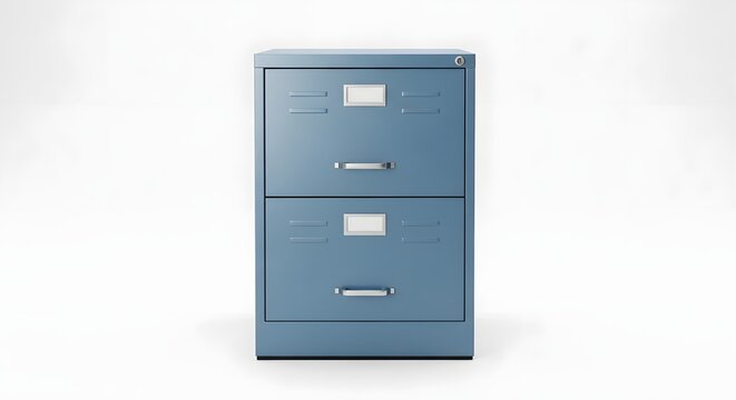 A light blue metal two-drawer filing cabinet stands against a white background.