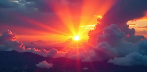 Fototapeta premium Vibrant sunset with sun rays bursting through the clouds, creating a breathtaking spectacle of color and light Perfect for travel, nature, and landscape projects , background, wonder