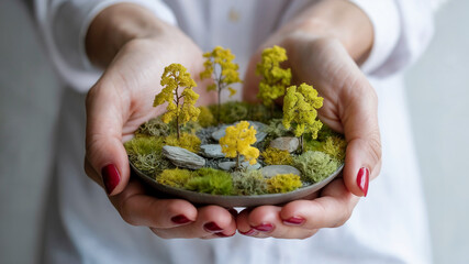 Woman holding miniature zen garden with yellow trees for peaceful lifestyle concept