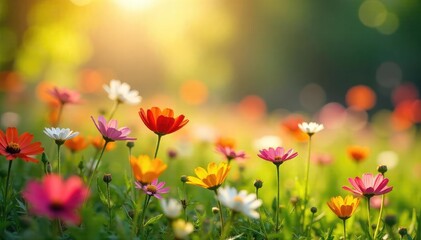 Fototapeta premium Vibrant wildflowers in full bloom, bathed in the warm sunlight of a fresh spring morning Perfect for themes of renewal, growth, and the beauty of nature's awakening , field, bloom