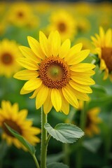 Obraz premium Vibrant yellow sunflowers in full bloom, swaying gently in a summer field A breathtaking display of nature's beauty, perfect for summer themes and bright backgrounds , petal, agriculture, flowers