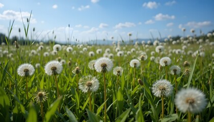 Dandelions on Green Grass with Blue Summer Sky Background