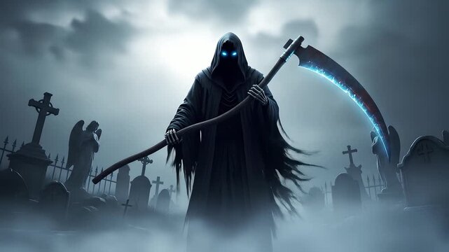 Grim Reaper with glowing scythe in misty graveyard. Spooky Halloween background for dark fantasy stories, gothic horror, scary movies, death metal album art, and eerie games.