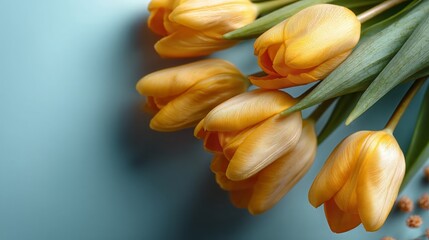 Yellow Tulip Bouquet on Elegant Blue Background
