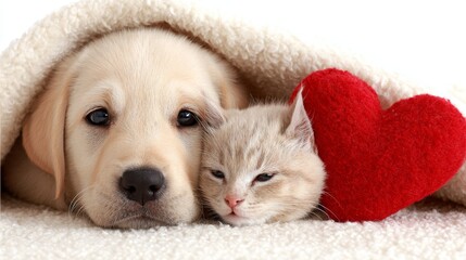 This endearing scene of a small dog and kitten cuddled up on a blanket is well-suited for pet-oriented designs, children's illustrations, and promotional campaigns focused on animal welfare and pet