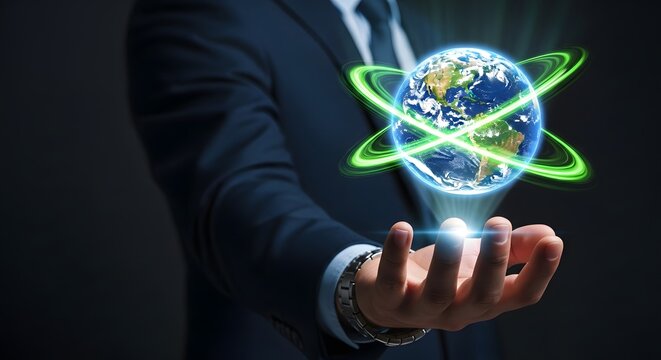 A man in a suit holds a holographic Earth with glowing green rings orbiting it, symbolizing global technology. - Powered by Adobe